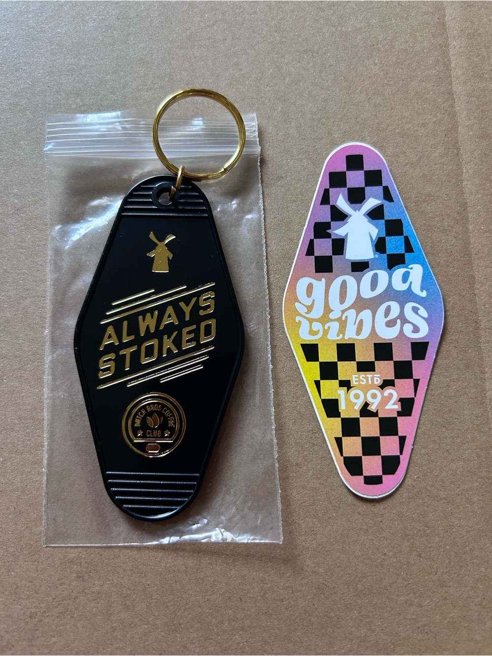 Always Stoked Black & Gold Keychain - Good Vibes Sticker Pack